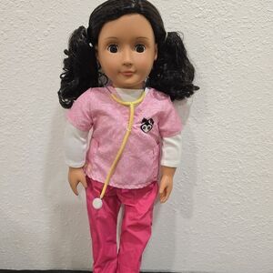 Pink and White Nurse Doll with Curly Hair